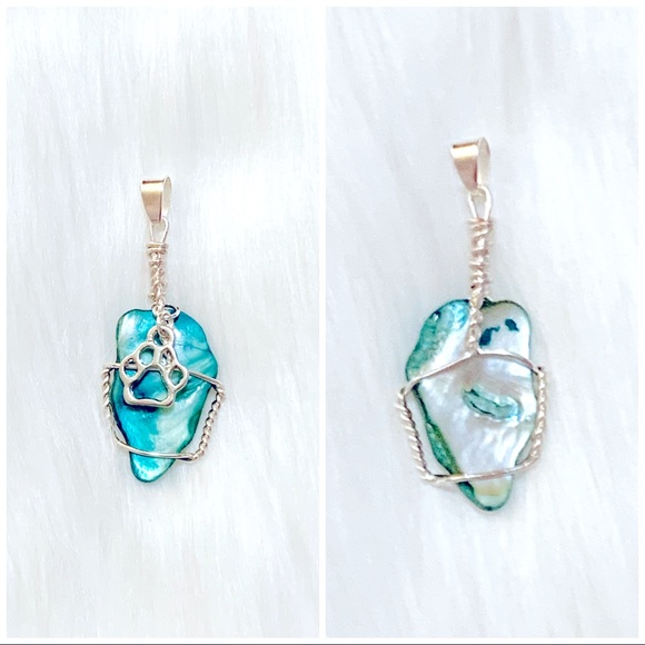 Wire Wrapped Blue Shell And Paw Pendant Necklace - Picture 3 of 6